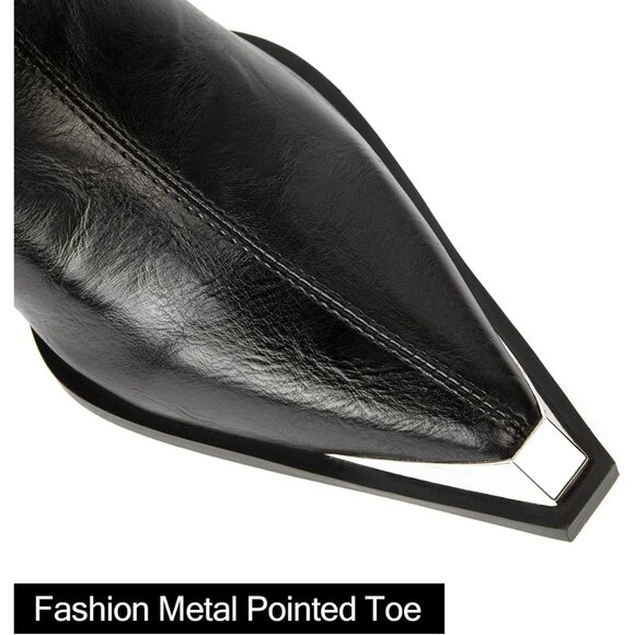 Women Black Metal Leather Side Zipper Chunky Block Heels Comfortable Fall Boots - Picture 4 of 6